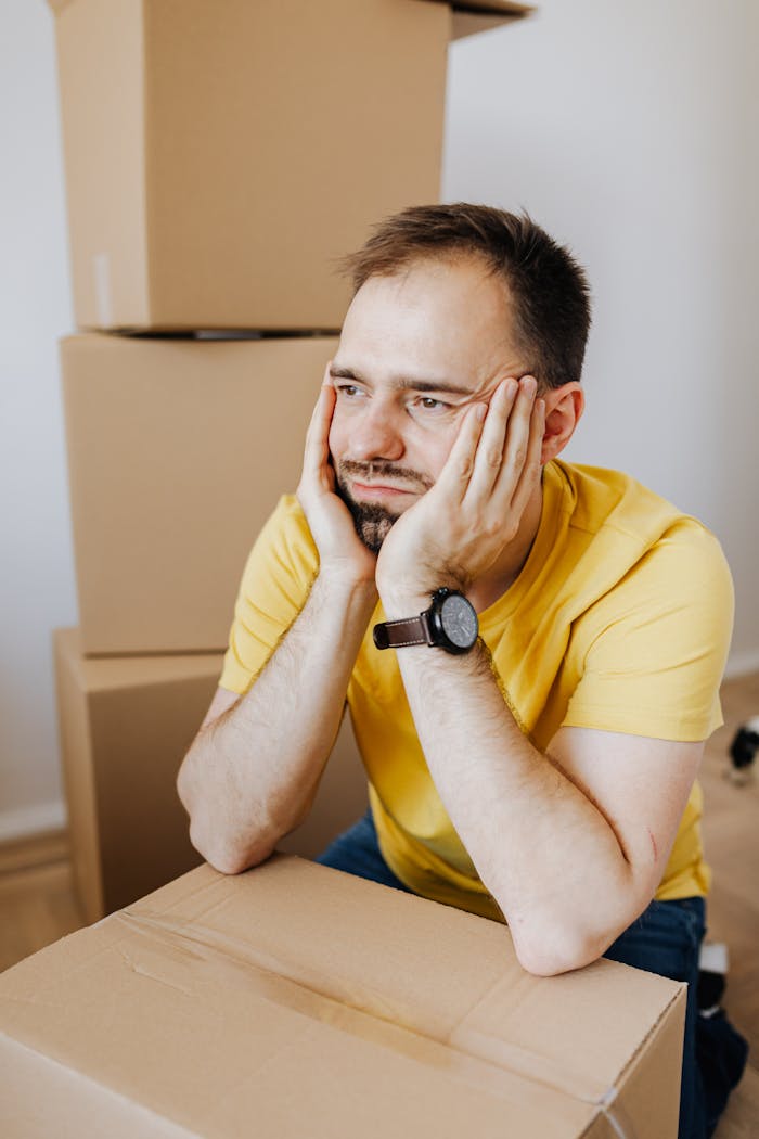 gallery-6 Frustrated man in casual wear holding face between hands while leaning on carton box and looking away with sadness after long tiring relocation day